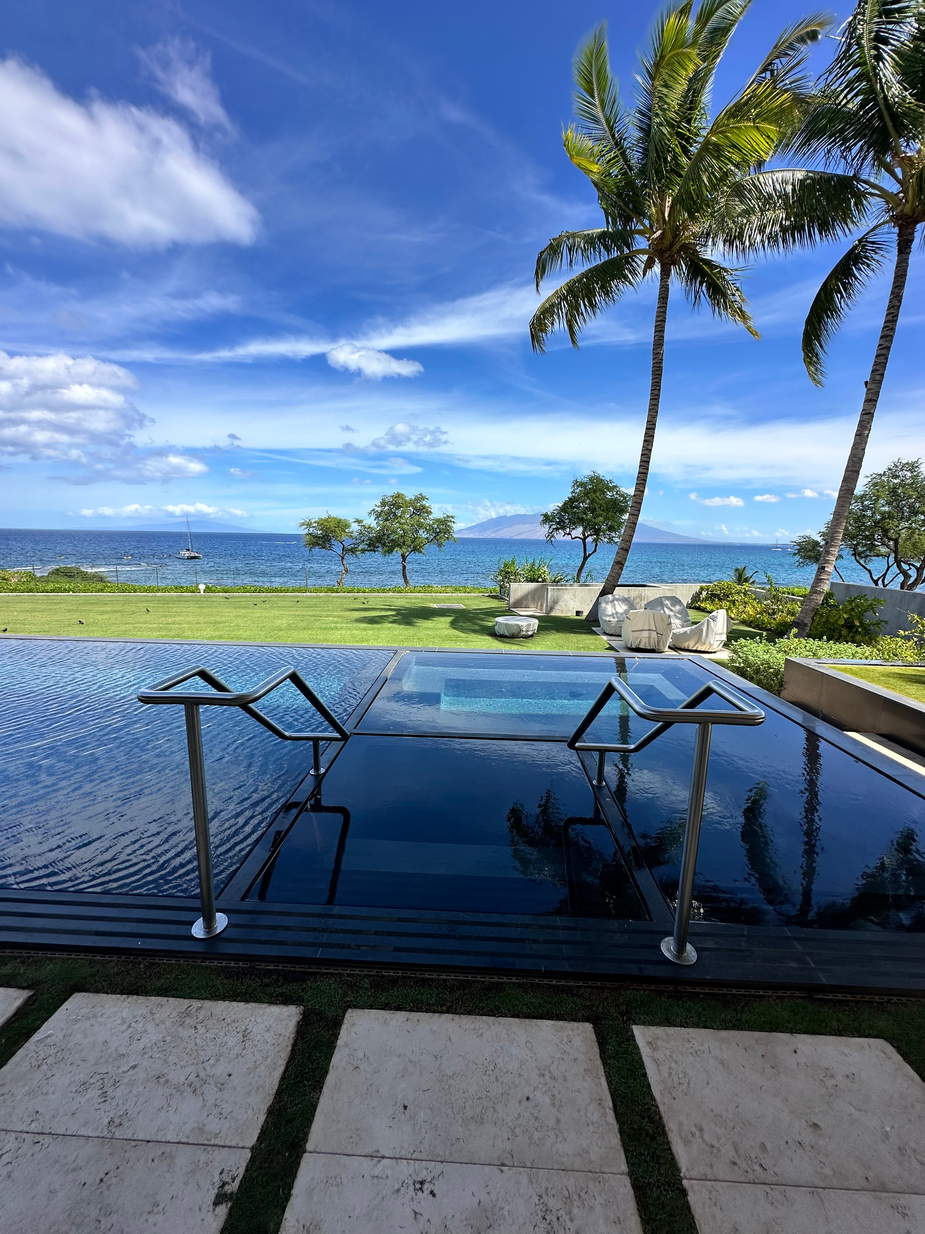 Custom stainless steel pool railings Maui by Great General LLC — oceanfront luxury property Wailea